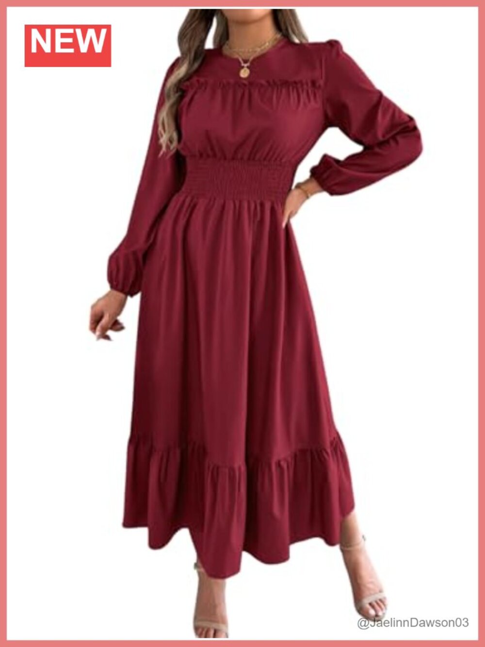 Long Sleeve Modest A Line Pleated Maxi Dress Crew Neck Lantern Sleeve